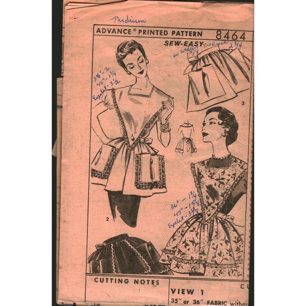 Vintage Advance 8464 Sewing Pattern Apron‎ Sew Easy Size Medium 1950s Retro MCM